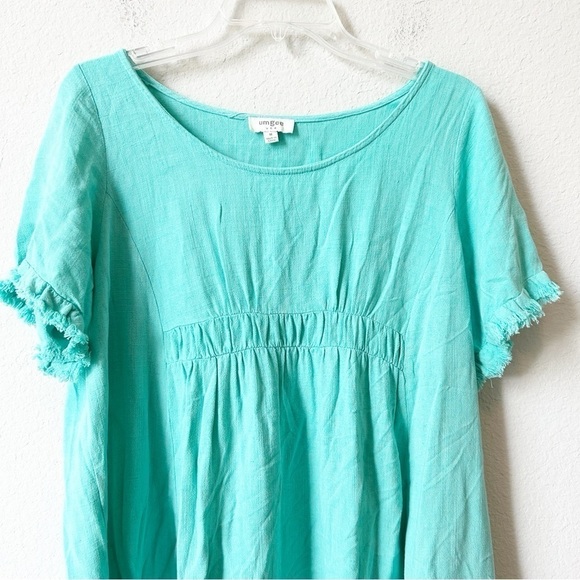 Umgee Green Babydoll Linen Cotton Ruffle Tunic Blouse Top Frayed Hem Sz M - Picture 3 of 12